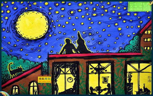 首屆青島自閉癥兒童繪畫展參展作品《望星空》，青島三江學校提供。